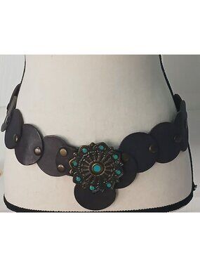 Leather Belt Turquoise Bronze Mandala Buckle Womans Sz 34-36 Western Boho #D-41